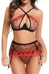 ADSEXY Lingerie sexy pour femme en dentelle avec jarretelles Ensemble soutien-gorge + culotte + porte-jarretelles avec bas Li