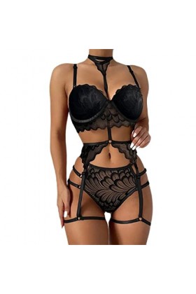 Ensembles De Pyjama Femme Sexy Dentelle Crochet Découpage Lingerie Broderie Gauze sous-Vêtements Lingerie Set avec Jarretière