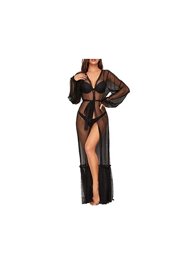 JUGUU Ensembles Sexyrobe Longue Noire Transparente Sexy À Manches Longues Voir À Travers Les Vêtements De Nuit-Noir_M