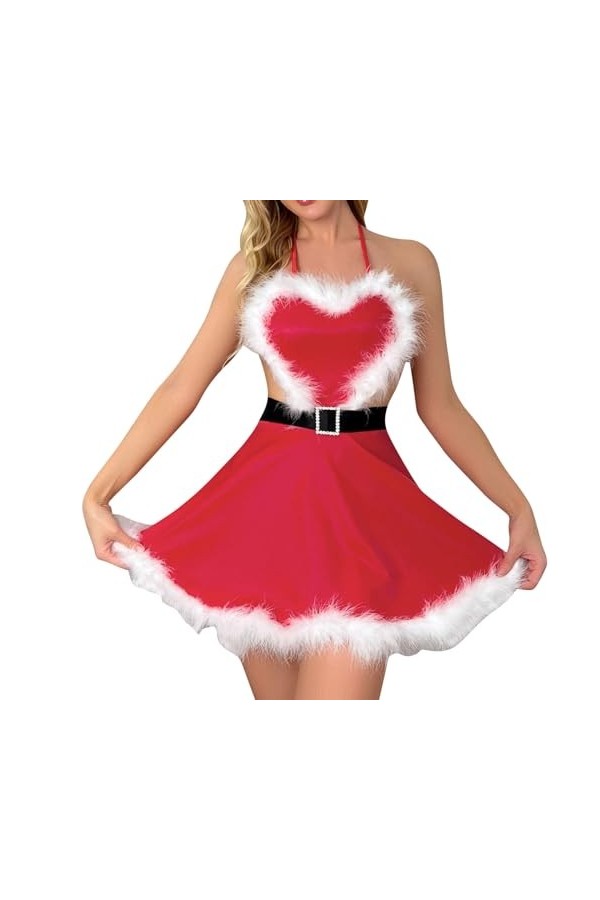 Fulidngzg Costume pour femme sexy rouge de Noël - Lingerie mignonne extrême - Robe de Noël - Nouvel An - Robe érotique - Robe