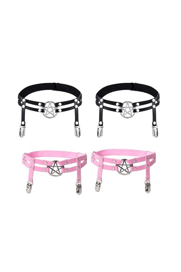 Eowppue Lot de 4 porte-jarretelles réglables en forme détoile avec clips antidérapants – Style gothique élégant punk en cuir