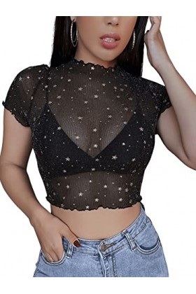 GORGLITTER Top en maille pour femme - Transparent - Avec maille - Sexy - Sans ventre - Avec galaxie, Noir , S