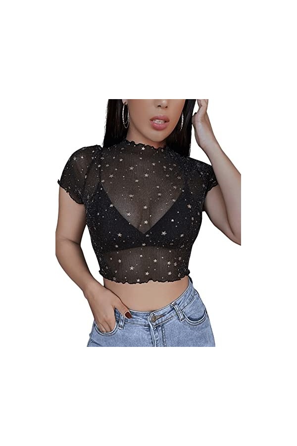 GORGLITTER Top en maille pour femme - Transparent - Avec maille - Sexy - Sans ventre - Avec galaxie, Noir , S