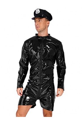 FEESHOW Costume Sexy Soubrette Maid Policier Homme Cuir Body Combinaison Brillant Métallique Leotard Ouverte Zip Jumpsuit Bod