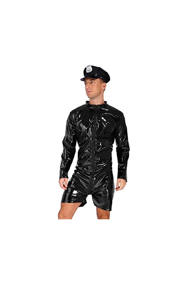 FEESHOW Costume Sexy Soubrette Maid Policier Homme Cuir Body Combinaison Brillant Métallique Leotard Ouverte Zip Jumpsuit Bod