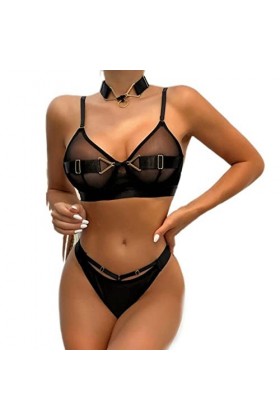 CHOUBAGUAI Ensemble de sous-vêtements en dentelle pour femme - Ensemble de lingerie transparente - Dos creux - Noir - Soutien