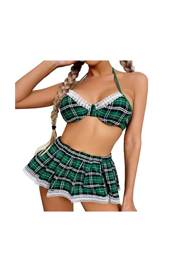LOPILY Lot Ensemble Lingerie Femme Sexy Lingerie Cosplay Costume School Girl Outfit Plaid Jupe Plissée Lot Ensemble Lingerie