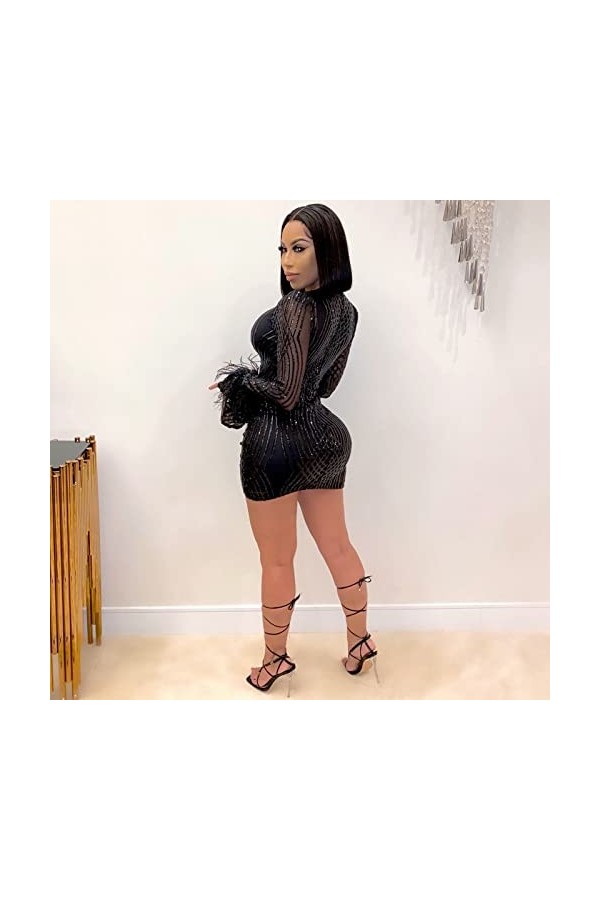 Robe Droite Fluide V Manches à Plumes discothèque Paillettes fête Sexy Une Robe de Ligne Robe Dentelle Rouge Black, S 