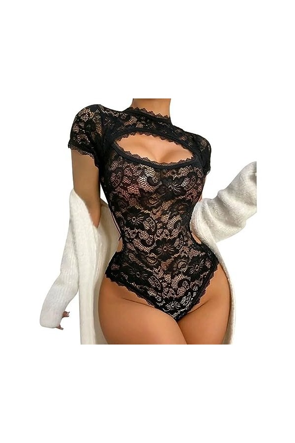 RougeNoir Sexy Bretelle Pyjama Chemise de Nuit Lingerie érotique Ensemble Uniforme, Noir, L