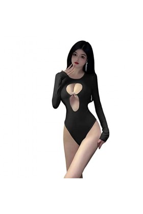 QNCLO Combinaison sexy à manches longues en dentelle pour femme avec col suspendu - Sous-vêtements de cosplay en noir noir 