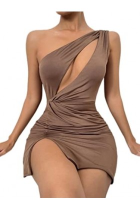CHOUBAGUAI Robe moulante sexy dos nu froncée une épaule fendue sans manches pour femme - Mini robe moulante solide pour soiré
