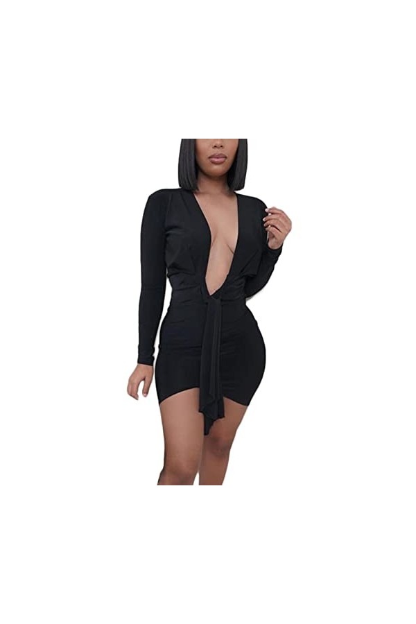 WEITING Mini robe moulante sexy froncée à manches longues et col en V profond pour femme - Noir - M