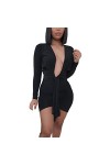 WEITING Mini robe moulante sexy froncée à manches longues et col en V profond pour femme - Noir - M