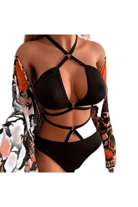 CABULE Ensemble de lingerie sexy pour femme avec soutien-gorge à suspendre en dentelle noire et string - I-Noir, M