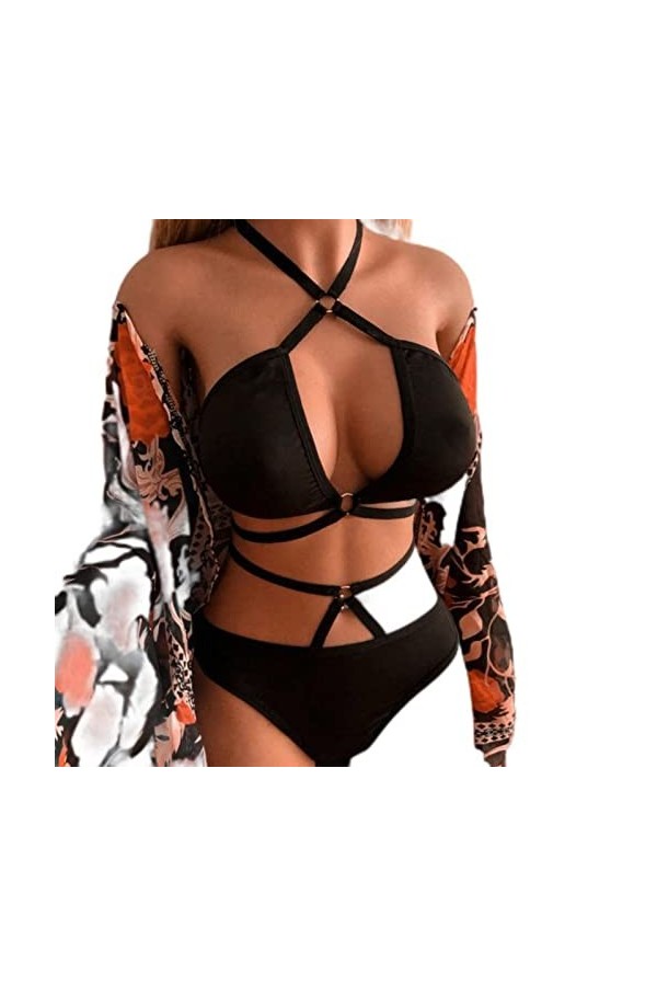 CABULE Ensemble de lingerie sexy pour femme avec soutien-gorge à suspendre en dentelle noire et string - I-Noir, M