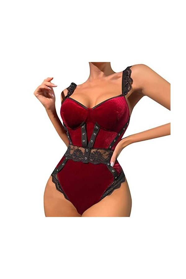 HELLORSOON Femme Body Lingerie Dentelle Charmant Combinaison Dentelle Volants Romantique Culotte éChancréE Bas Couture