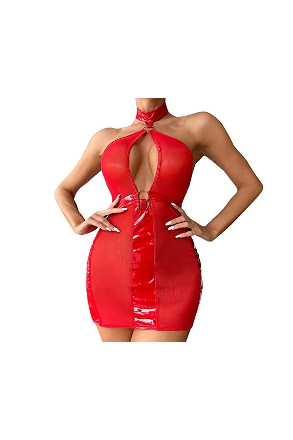 Kashyke Lingerie Sexy Ouverte Femmes Sexy Miroir en Cuir Lingerie Sexy Zipper Fermeture Sac Hanche Robe Ensemble Lingerie De 