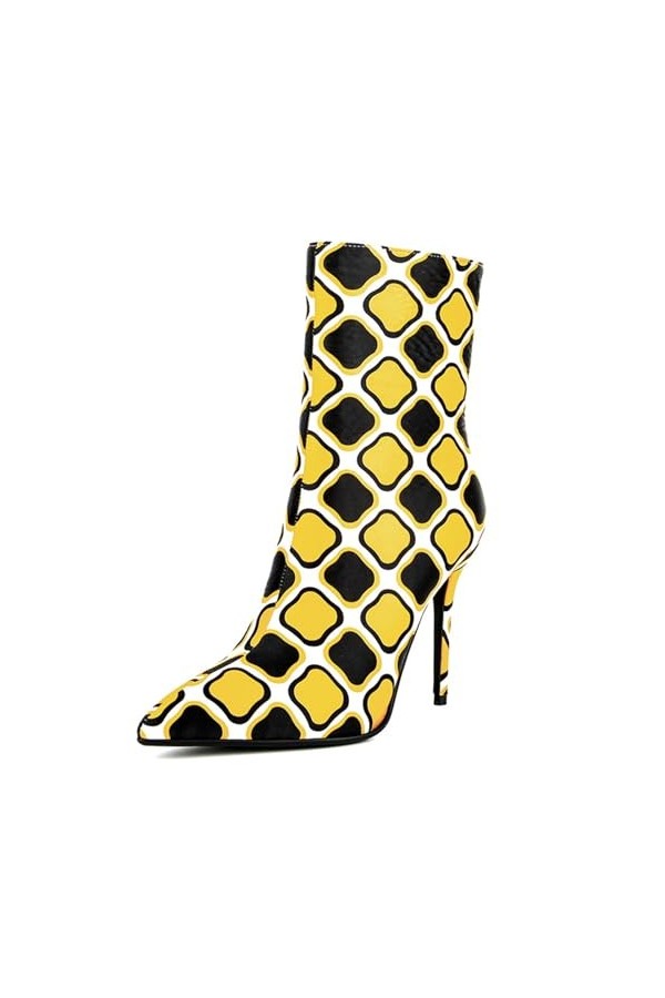 WOkismD 10 CM/3.93IN Sexy Bout Pointu Haute-Heeled Couleur-Bloqué Satin Haut-Top Bottes Courtes Catwalk Côté Zipper Grande Ta