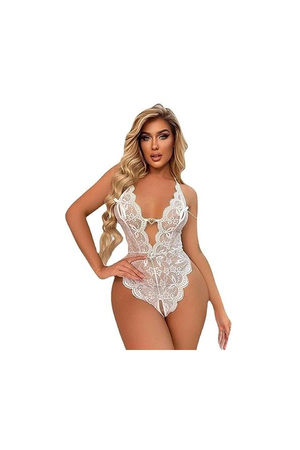 ZTIANEF Bas basSexy Deep V Open No Drop Erotic Lingerie Uniform Jumpsuit, White, 3XL