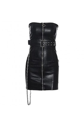 SHANHE Punk Faux Cuir Sexy Mini Robes Femmes Gothique Noir Ceintures Bretelles Moulante Robe Chaîne Vintage Fête Élégante Rob