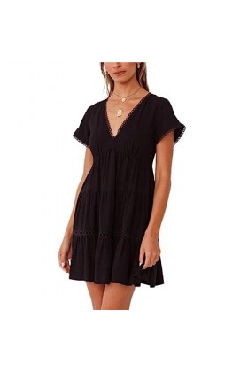Été Femmes Mini Robe Manches Courtes Col en V Tenue Décontractée Courte Robe Ample Robe Solide Couleur Dames Robes dété-Noir