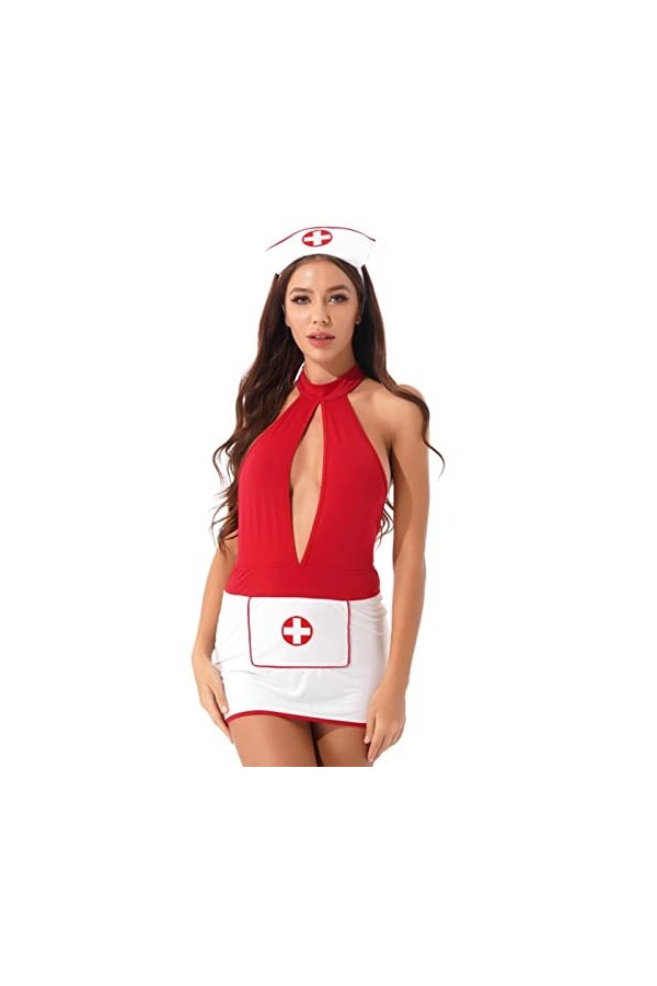 CHOUBAGUAI Robe Sexy Lingerie Femmes Halloween Infirmière Costume avec Bandeau Halter Cou Creux Dos Nu Mini Robe Jeu de Rôle 