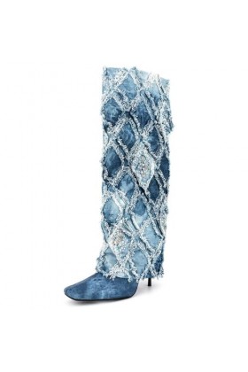 WOkismD 10CM / 3.93IN À La Mode Brodé Denim Carré Toe Strass Stiletto Talon Grande Taille Mi-Mollet Bottes,Bleu,45 EU