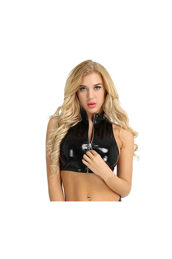 MENGQING Gilet push-up sexy en PVC brillant pour femme - Body en latex brillant - Noir - XXXL