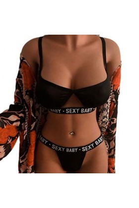 CABULE Ensemble de lingerie sexy pour femme avec soutien-gorge à suspendre en dentelle noire et string - J-Noir, M