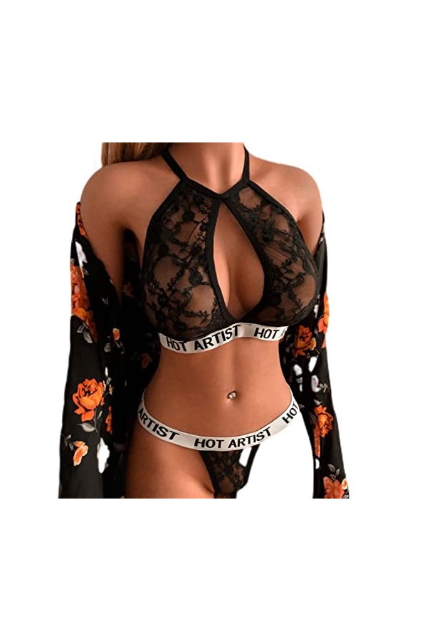 CABULE Ensemble de lingerie sexy pour femme avec soutien-gorge à suspendre en dentelle noire et string - J-Noir, M