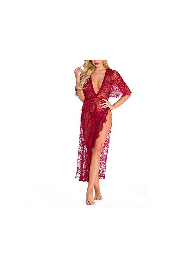 Azazaza Nuisette transparente pour femme, vêtements de nuit érotique en dentelle, col en V, fente haute, pyjama sexuel pour f