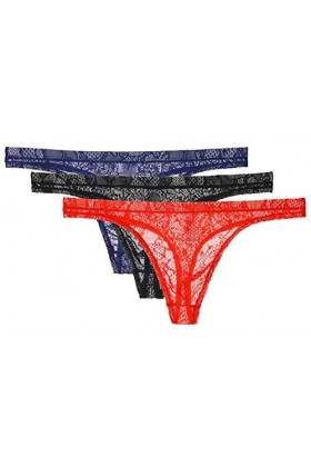 Yomie Culotte Ultra-Fine pour Hommes en Dentelle Transparente Douce Sexy String,L,3-pack rouge/noir/Royal bleu 