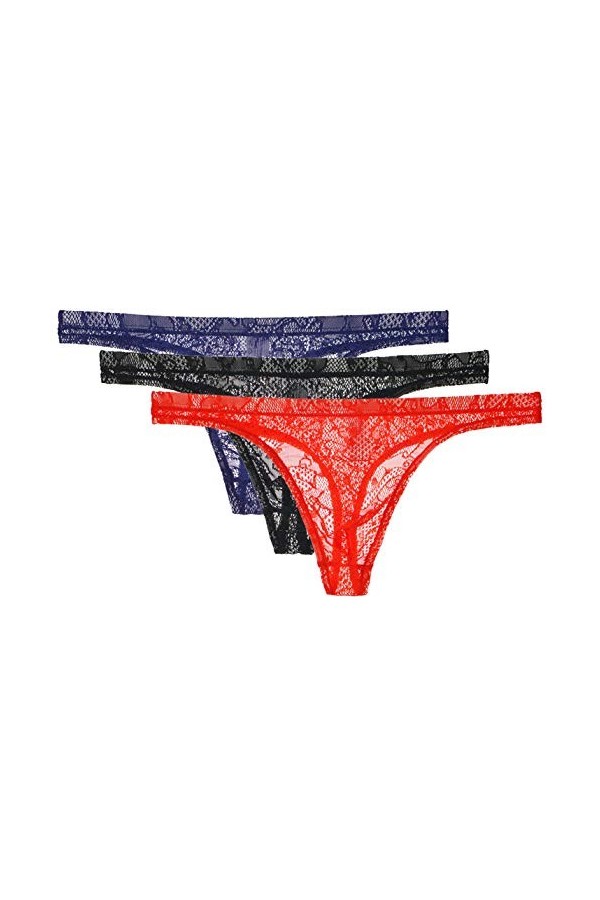 Yomie Culotte Ultra-Fine pour Hommes en Dentelle Transparente Douce Sexy String,L,3-pack rouge/noir/Royal bleu 