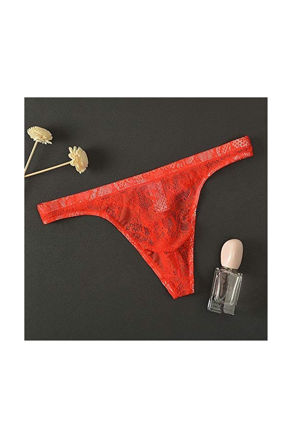 Yomie Culotte Ultra-Fine pour Hommes en Dentelle Transparente Douce Sexy String,L,3-pack rouge/noir/Royal bleu 