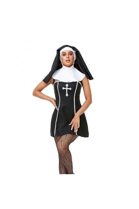 WEITING Halloween Femmes Nun Sister Lingerie Sexy Femme Cosplay Dress-Black-XL