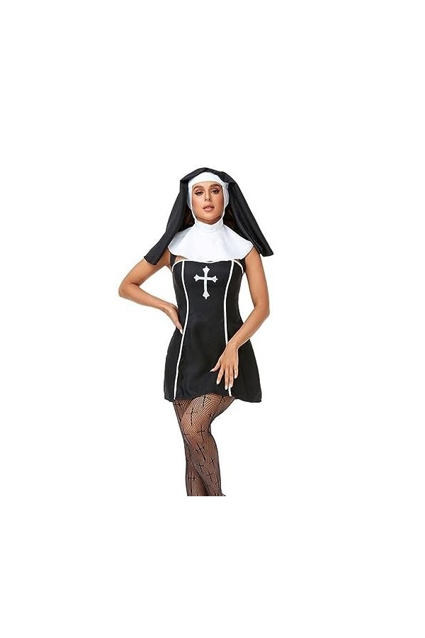 WEITING Halloween Femmes Nun Sister Lingerie Sexy Femme Cosplay Dress-Black-XL