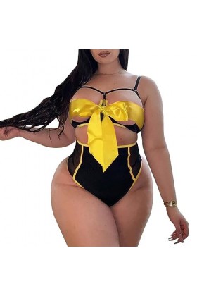 Jeune filleSexy Breast-Shown Pajamas Bikini Erotic Lingerie Three-Point Milk-Baring Set, Jaune, 5XL