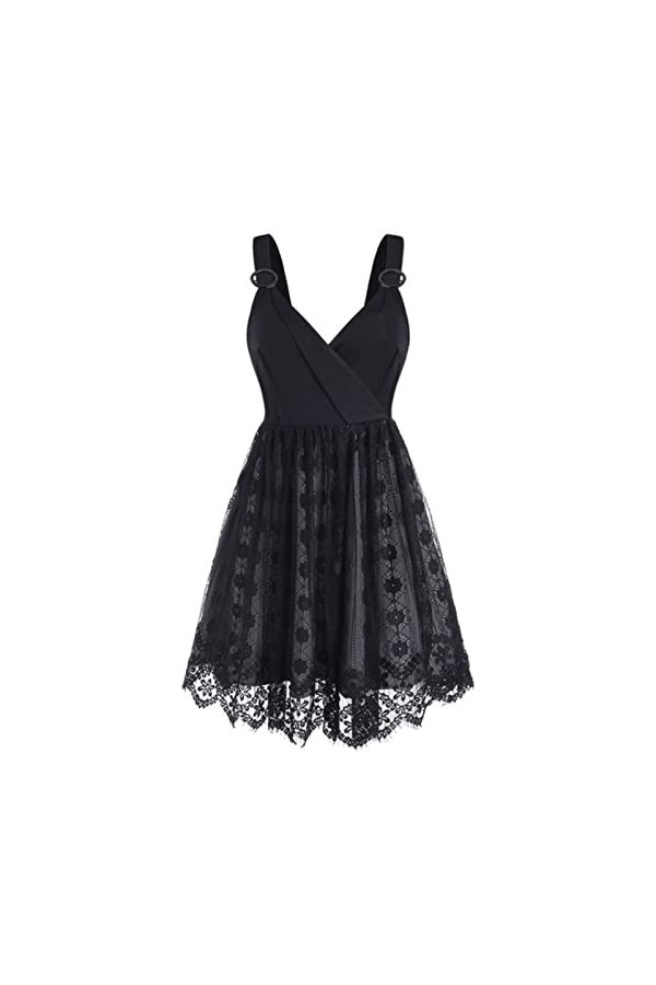 MENGQING Robe en dentelle sans manches en maille avec anneaux toriques et surplice sexy A Line Punk Femme Couleur noire Longu