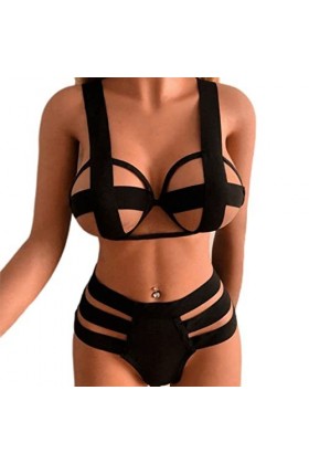 CABULE Ensemble de lingerie sexy pour femme avec soutien-gorge à suspendre en dentelle noire + string - H-noir, XL