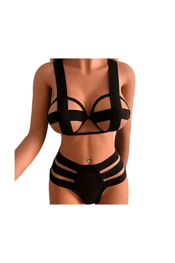 CABULE Ensemble de lingerie sexy pour femme avec soutien-gorge à suspendre en dentelle noire + string - H-noir, XL