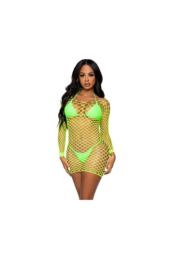 Leg Avenue Supreme Fence Net 86128-03122 Mini-Robe à Manches Longues en Filet Vert Fluo Taille O/S Costumes Adulte, Multicolo