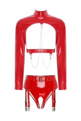 Kaerm Ensemble Lingerie Latex Sexy Femme Demi Soutien-Gorge Seins Nu Dentelle String Ficelle Clubwear sous-Vêtement S-4XL Rou