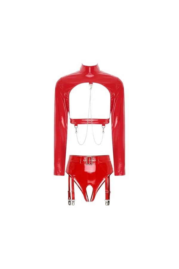 Kaerm Ensemble Lingerie Latex Sexy Femme Demi Soutien-Gorge Seins Nu Dentelle String Ficelle Clubwear sous-Vêtement S-4XL Rou