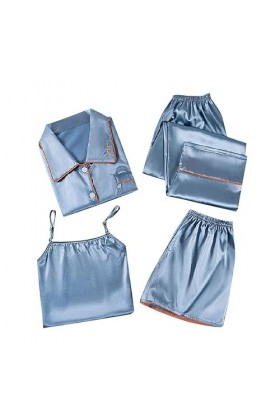 Pyjama quatre pièces ensemble pyjama femme couleur unie col en V chemises de nuit jupe robe ensemble chemise de nuit pour fem