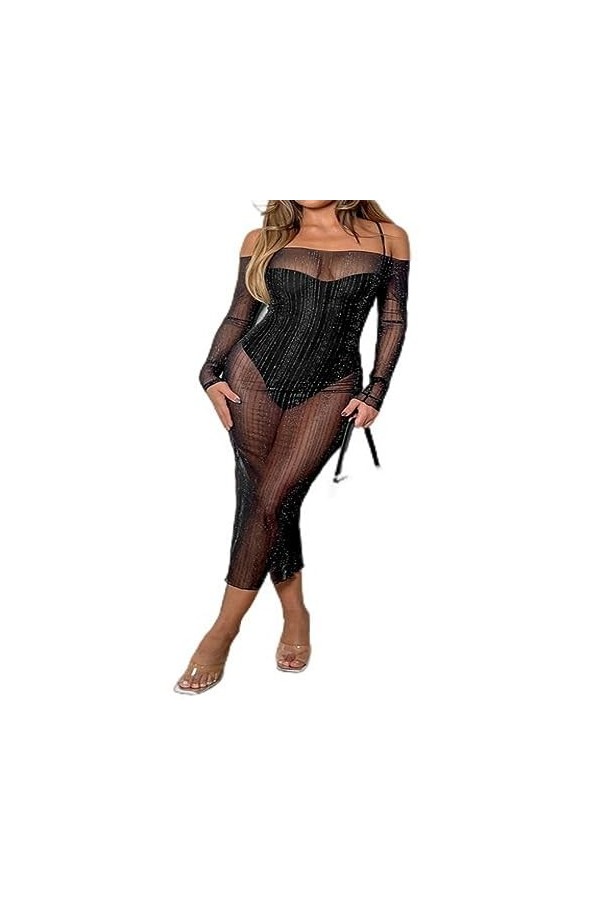 OKGD See-Through Black Mesh Sheer Cover-ups Bodycon Dress Femmes Sexy Off-Shoulder Long Sleeve Midi Club Dress Streetwear-Bla