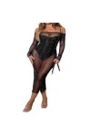 OKGD See-Through Black Mesh Sheer Cover-ups Bodycon Dress Femmes Sexy Off-Shoulder Long Sleeve Midi Club Dress Streetwear-Bla