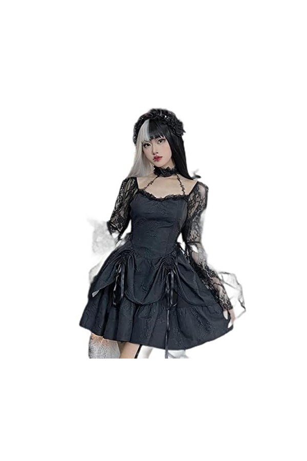 Gothique Mesh Voir à Travers Sexy A-Ligne Robes Halloween Grunge Jacquard Dentelle Ourlet Partywear Lolita Mignon Femmes Robe
