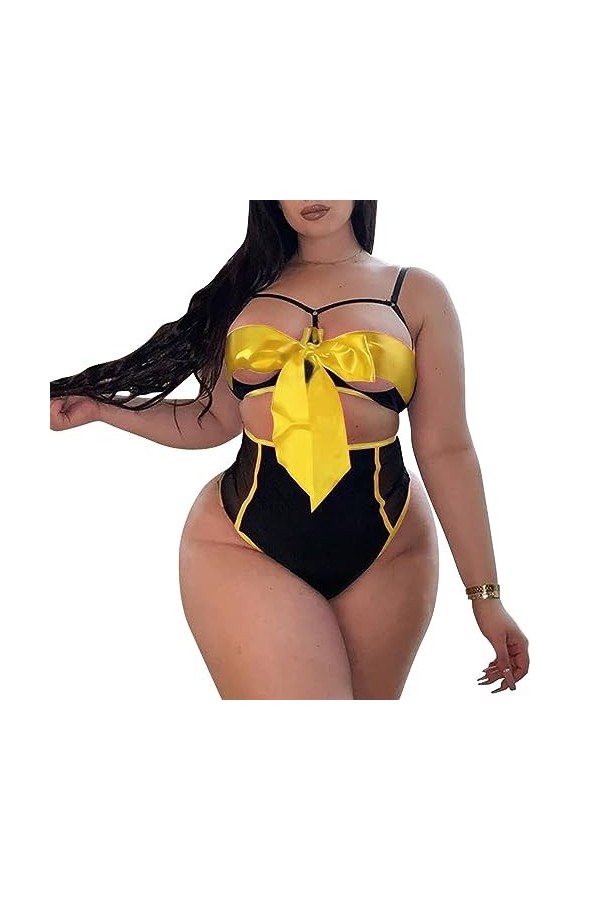 Jeune filleSexy Breast-Shown Pajamas Bikini Erotic Lingerie Three-Point Milk-Baring Set, Jaune, 5XL