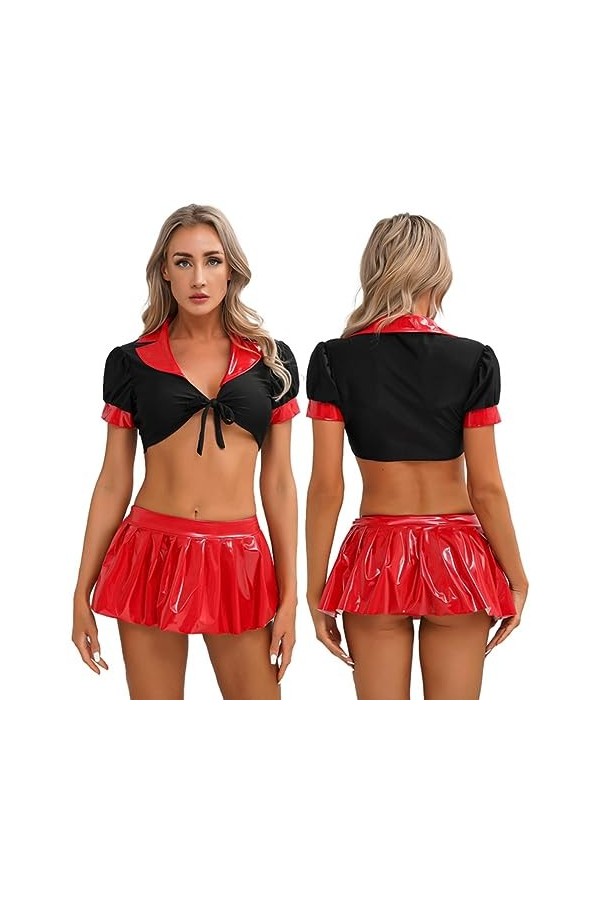 SHANHE Ensemble deux pièces pour femme tenue de jeu de rôle décolière bloc de couleur Patchwork à lacets haut court en cuir 