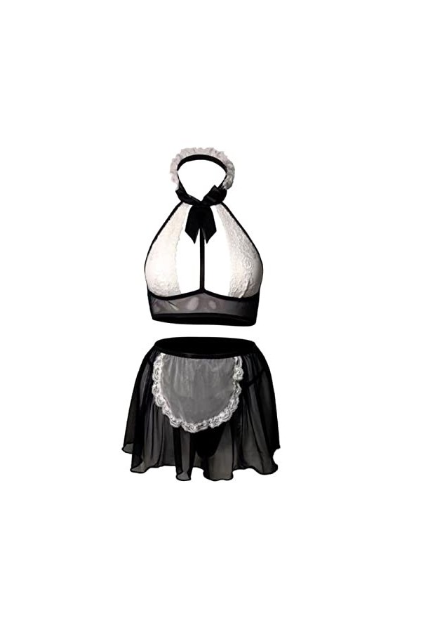 Womens Maid Cosplay Costumes Lingerie Suit Nightwear Bowknot Halter Lace Bra Tops Sheer Mesh Mini Skirt Low Rise G-String Set